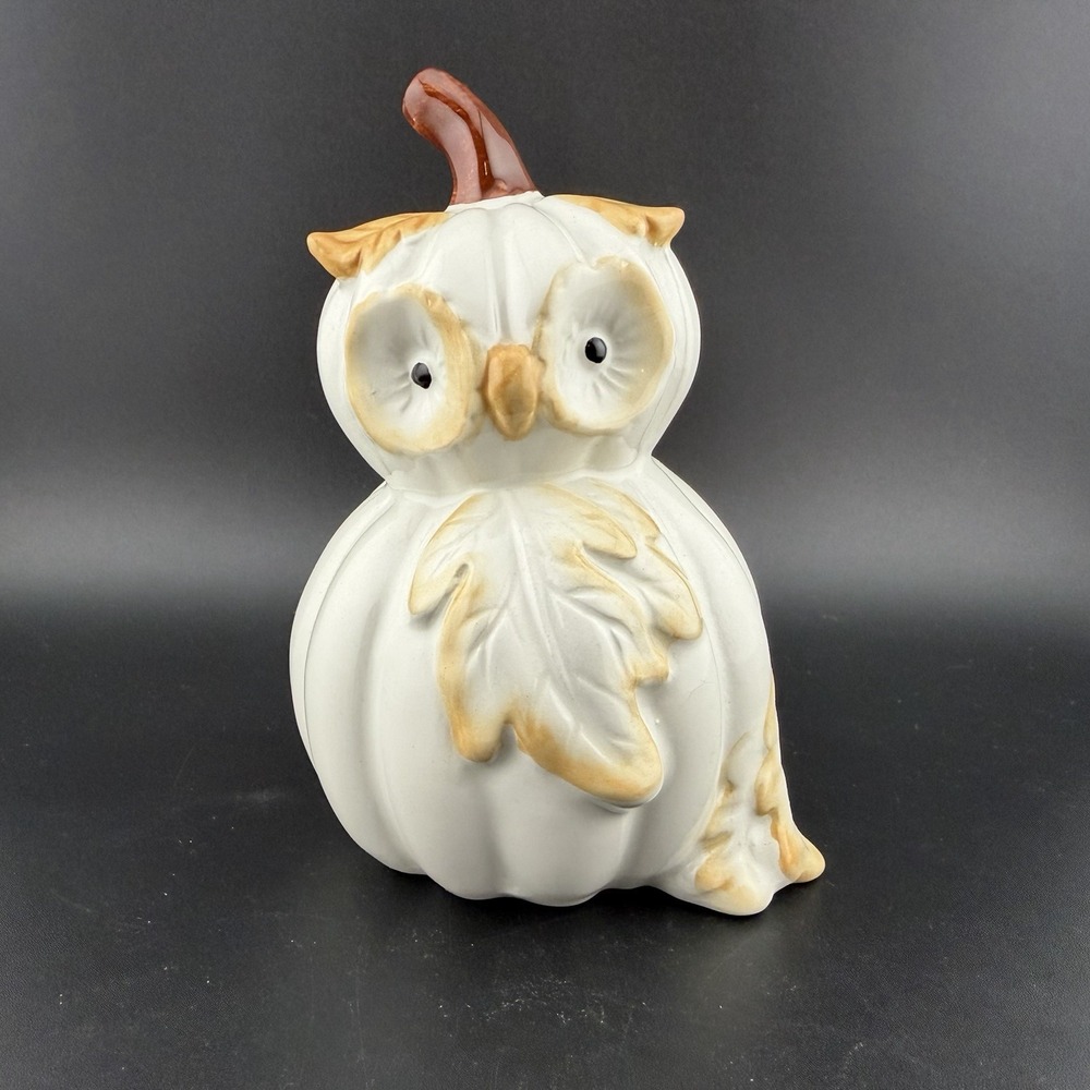 White Ceramic Pumpkin Owl Figurine Fall Halloween Autumn Table Decor 5"